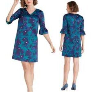 Draper James Deep Teal Floral Satin A-Line Dress Ruffle Bell Sleeves Size 4